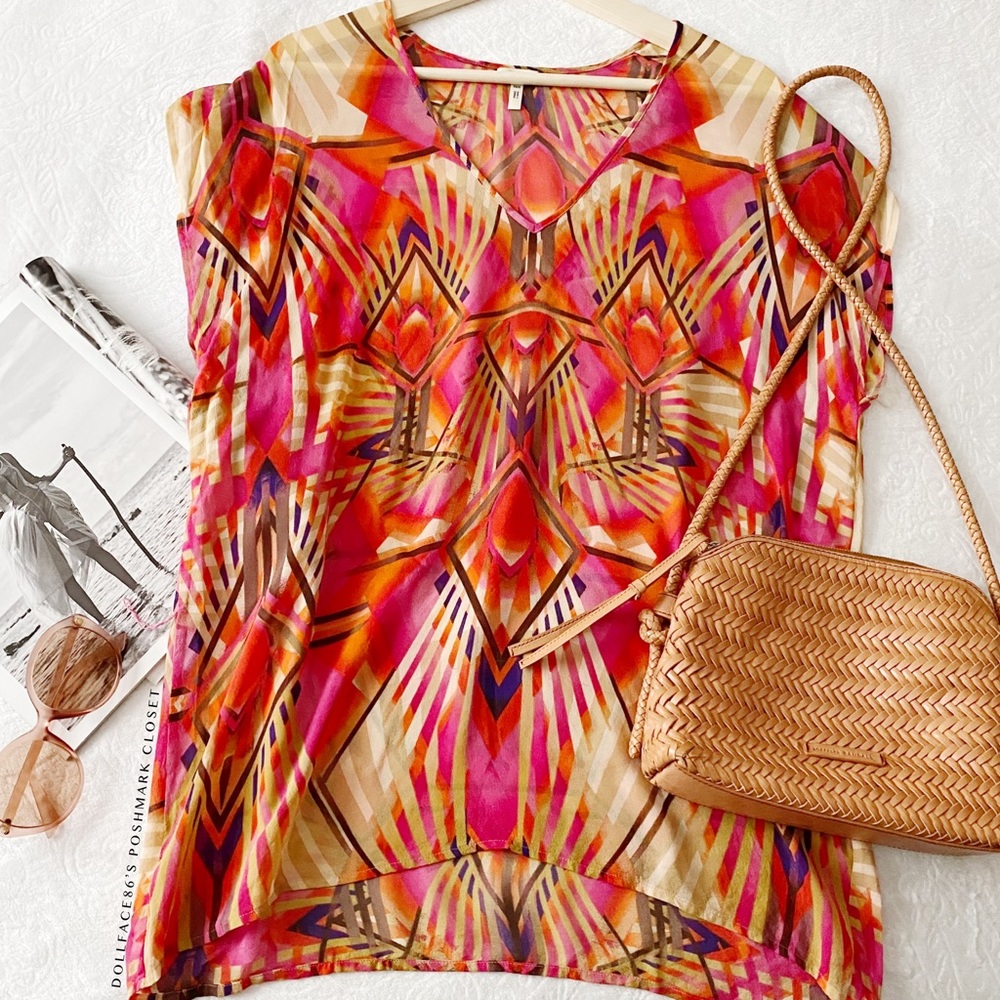 Anthropologie Floreat Sheer Tropical Silk Tunic